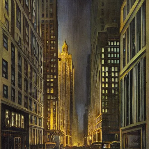 Prompt: muted color ultra realistic painting mirror dimesnions 1 9 2 5 boston downtown at night, dark, brooding, night, atmospheric, horror, cosmic, ultra - realistic, smooth, highly detailed in the style of clyde caldwell