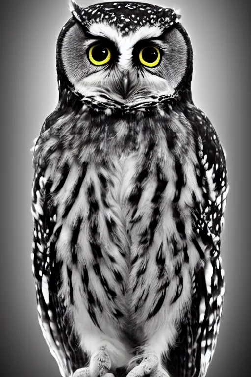 Image similar to cute little owl wearing black biker jacket, portrait photo, backlit, studio photo, muted color swirls background, owl wearing jacket