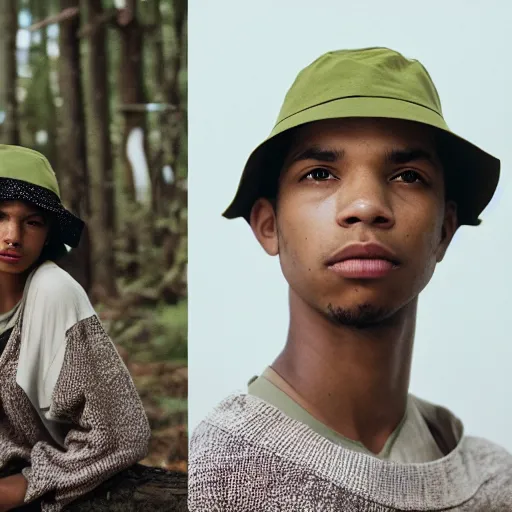 Image similar to realistic photoshooting for a new arcteryx lookbook, color film photography, portrait of a beautiful woman, model is wearing a bucket hat, photo in style of tyler mitchell, 3 5 mm,