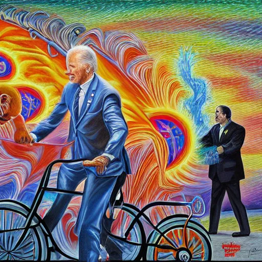 Prompt: alex grey painting joe biden falling off bike