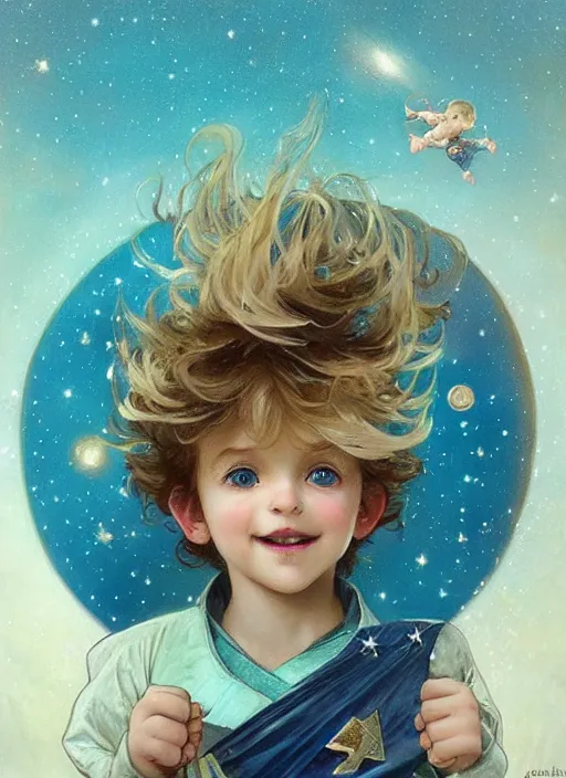 Prompt: a cute little boy with a mischievous face, blue eyes, and tousled blonde hair smiles as he floats in space with stars all around him. he is wearing a turquoise outfit. beautiful painting by artgerm and greg rutkowski and alphonse mucha