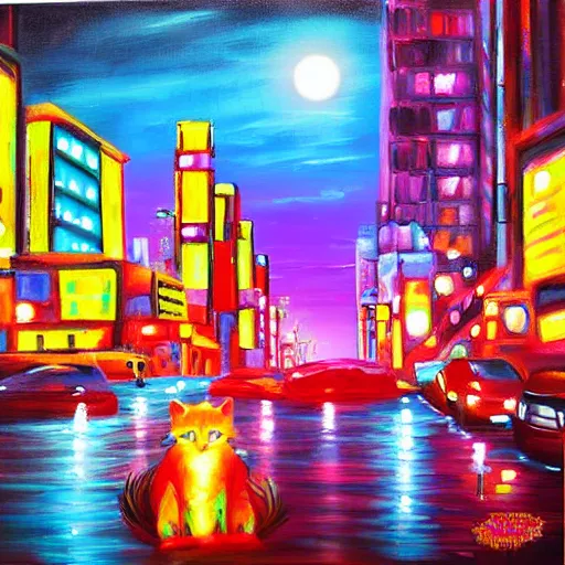 Image similar to neon city with cat realistic painting