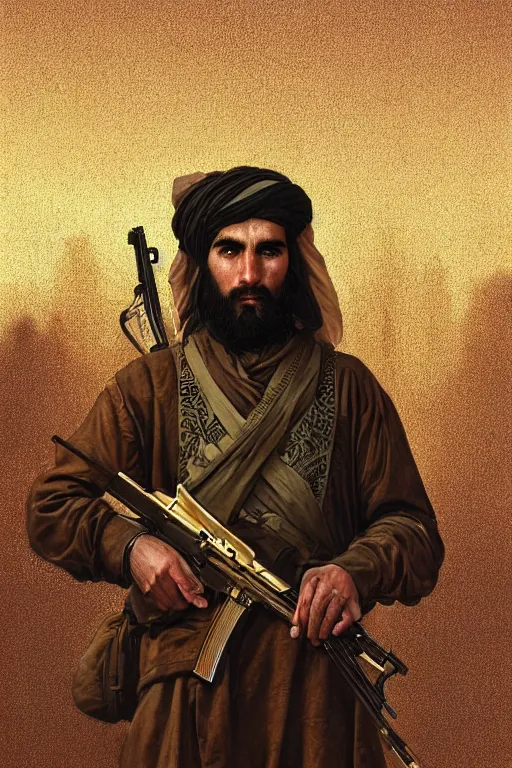 Image similar to male cottagecore taliban leader holding a kalashnikov rifle, urban warfare background, golden hour, intricate, elegant. highly detailed, digital painting, artstation, concept art, smooth, sharp, focus, illustration.. art by artgerm and greg rutkowski and alphonse mucha