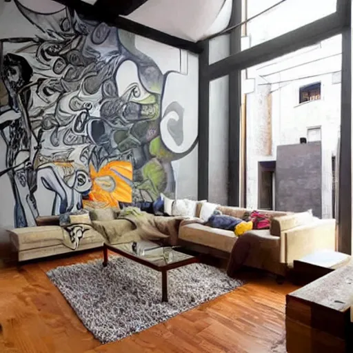 Prompt: mural on the wall of a contemporary loft, gorgeous architecture, popular interior design style