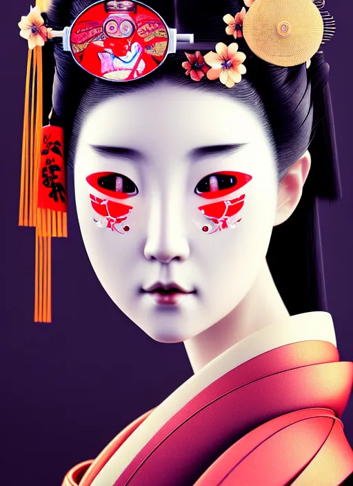 Prompt: beautiful photography of a sensual japanese geisha wearing vr eyepiece, intricate geisha kimono, robotic, android, cyborg, cyberpunk face, steampunk, fantasy, intricate, elegant, highly detailed, colorful, vivid color, digital photography, cool warm lighting, artstation, concept art, art by artgerm and greg rutkowski and ruan jia,