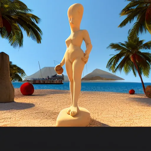 Prompt: digital art, trending on artstation, cycladic statue of a woman playing baseball, on a caribbean beach, a pirate ship in the background