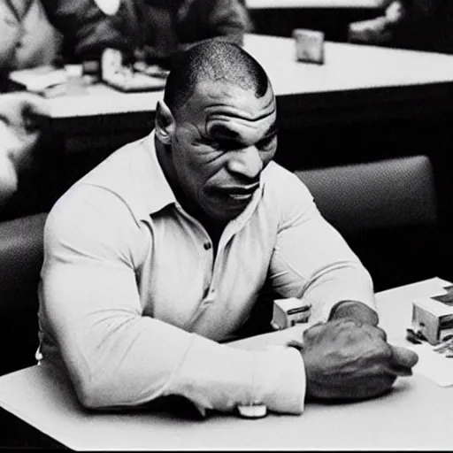 Prompt: Mike tyson sitting at a table in McDonald’s using an abacus to count