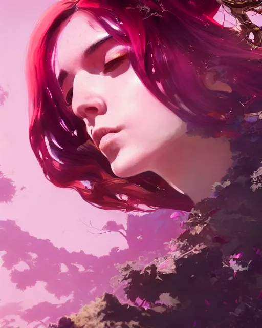 Prompt: a highly detailed image of A beautiful woman basking, with medium length magenta hair covering an eye, and a tall tree, and large obsidian crystals, cinematic lighting, dramatic atmosphere, by Dustin Nguyen, Akihiko Yoshida, Greg Tocchini, Greg Rutkowski, Cliff Chiang, 4k resolution, trending on artstation