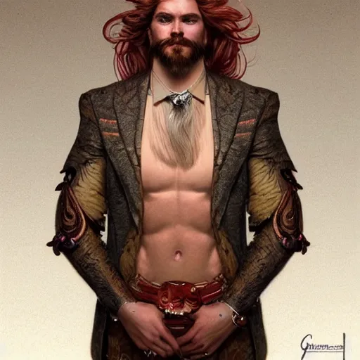 Image similar to portrait of a bull with a humanoid face, male, handsome, masculine, full body, red hair, long hair, soft hair, fantasy, intricate, elegant, highly detailed, suit, coffee shop, digital painting, artstation, concept art, character art, smooth, sharp focus, illustration, art by artgerm and greg rutkowski and alphonse mucha