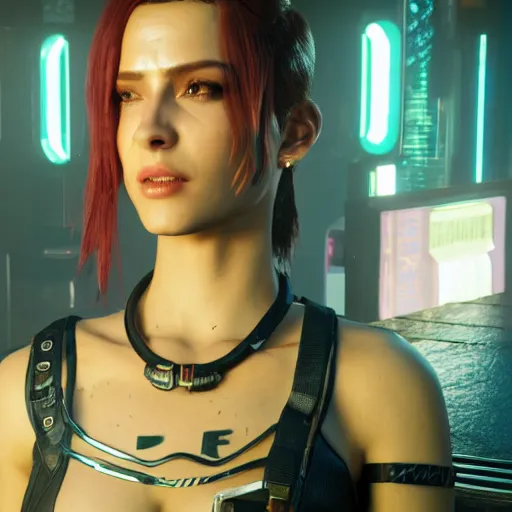 Prompt: female V from Cyberpunk 2077 wearing spiked choker, collar, 4K