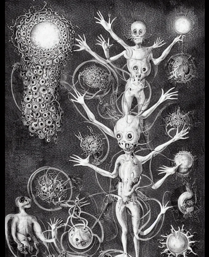 Image similar to whimsical freaky creature sings a unique canto about'as above so below'being ignited by the spirit of haeckel and robert fludd, breakthrough is iminent, glory be to the magic within