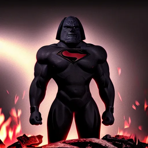 Image similar to darkseid in a dark suit with glowing eyes standing in front of a fire, a photocopy by zack snyder, cgsociety, antipodeans, # vfxfriday, reimagined by industrial light and magic, movie still