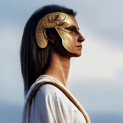 Prompt: a beautiful medium shot of a beautiful model looking of into the distance, wearing an antique spartan helmet, wearing an ancien greek white tunic with bleu patterns, beautiful natural backlit light failing on her face, golden hour, by annie leibowitz