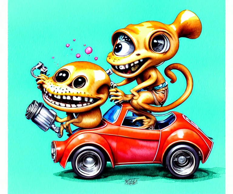 Prompt: cute and funny, margay driving a tiny hot rod with an oversized engine, ratfink style by ed roth, centered award winning watercolor pen illustration, isometric illustration by chihiro iwasaki, edited by craola, tiny details by artgerm and watercolor girl, symmetrically isometrically centered
