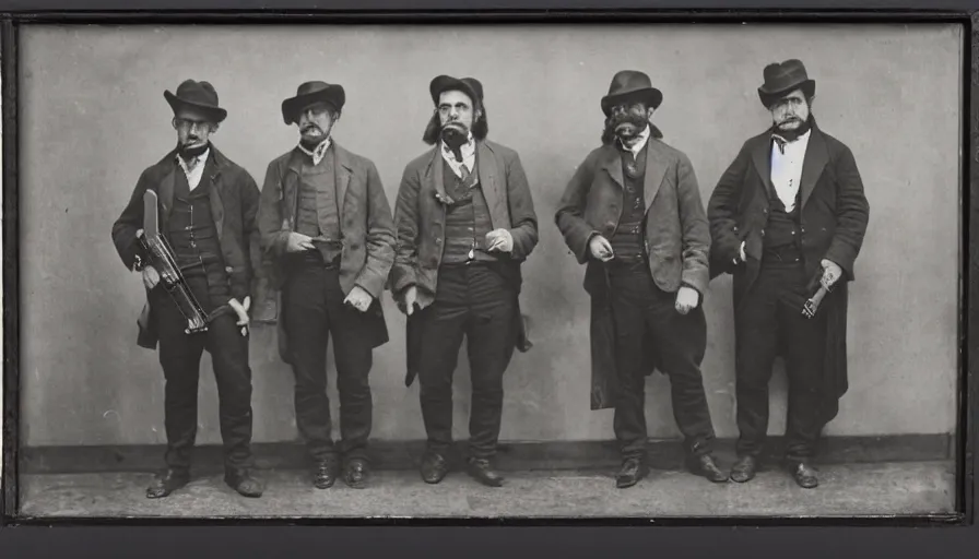 Image similar to photo of group 19th century gangsters with guns by Diane Arbus and Louis Daguerre