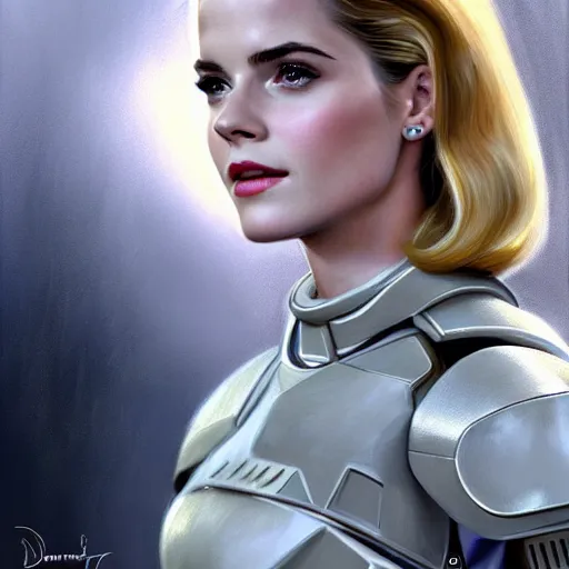 Image similar to A combination of Grace Kelly's and Emma Watson's and Ashley Greene's appearances with blonde hair wearing Master Chief's armor, full body portrait, futuristic, dramatic, fantasy, intricate, elegant, highly detailed, digital painting, artstation, concept art, matte, sharp focus, illustration, art by Donato Giancola and James Gurney