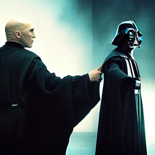 Prompt: voldemort vs darth vader, movie still photo,