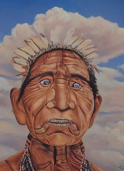 Prompt: a painting of faces of old indigenous people embedded in the clouds in the sky