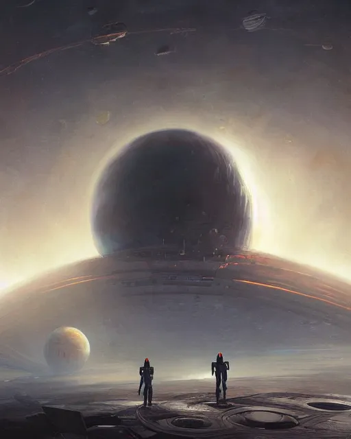 Image similar to A matted painting of humanoid Aliens of the Sun on a spaceship environment with expansive views of space, inspired by greg rutkowski and Keith Mallett, digital art, extremely moody lighting, glowing light and shadow, atmospheric, shadowy, cinematic