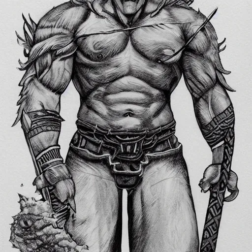 Prompt: frost giant, with a two handed axe, tribal tattoos, very muscular, large fists, fantasy, d & d, intricate, detailed, by greg ruthowski, trending on artstation, smooth, sharp focus