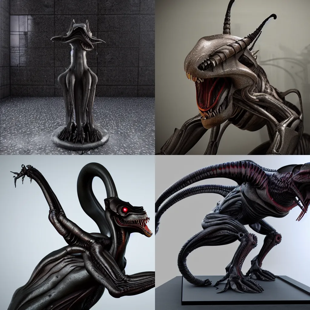 Prompt: centered photorealistic xenomorph Cat statue inspired by Giger, octane render, unreal engine 4k, volumetric light, fog, detailed