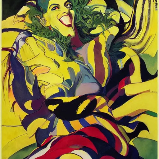 Image similar to art by joshua middleton, the yellow creeper, a tall manically smiling yellow - skinned man with green and black striped cycling shorts and wearing a long red feather boa, yellow makeup, mucha, kandinsky, poster, comic art, stylised design