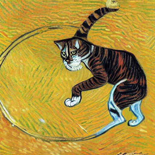 Image similar to a feline boxer fighting in a ring, in the style of vincent van gogh