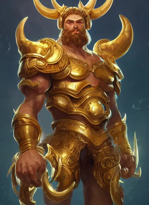 Image similar to a highly detailed illustration of gentle colossal golden horned greek mechanical giant, with cute doting eyes, intricate, elegant, highly detailed, centered, digital painting, artstation, concept art, smooth, sharp focus, league of legends concept art, wlop.