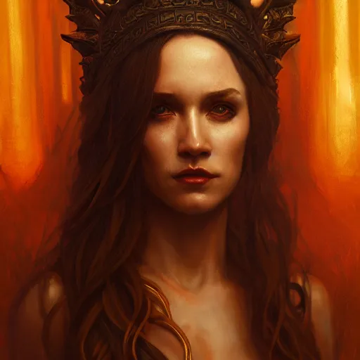 Image similar to majestic gracious regal seductive hekate portrait, ancient greece, atmospheric lighting, painted, menacing, intricate, volumetric lighting, beautiful, rich deep colours masterpiece, golden hour, sharp focus, ultra detailed, by leesha hannigan, ross tran, thierry doizon, kai carpenter, ignacio fernandez rios