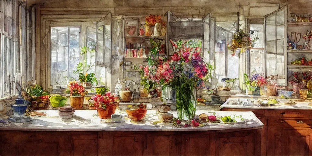 Prompt: a hiper intricate watercolor of a beatiful kitchen with flowers, extremely detailed, sharp focus, wide view, smooth, digital illustration, colorfull, by william turner art, by greg rutowski