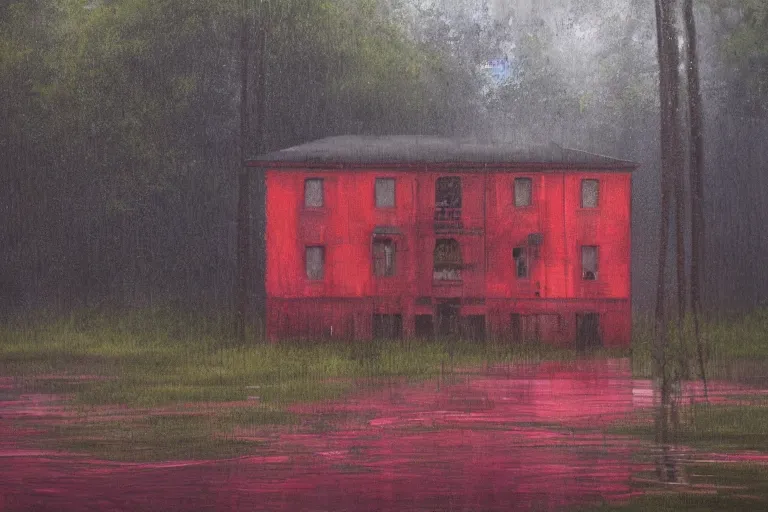 Image similar to A painting of an abadoned building near the river in a forest, it is rainning and the rain is red, oil on canvas, ultra detailed, impressionism, octane rendering