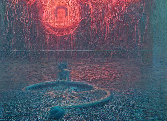 Image similar to face in water, neon, they are watching, RGB, glowing wires everywhere, pristine, by Edgar Maxence and Ross Tran, Zdzisław Beksiński, and Michael Whelan, distant, gustav dore, H.R. Giger, 8k, octane render