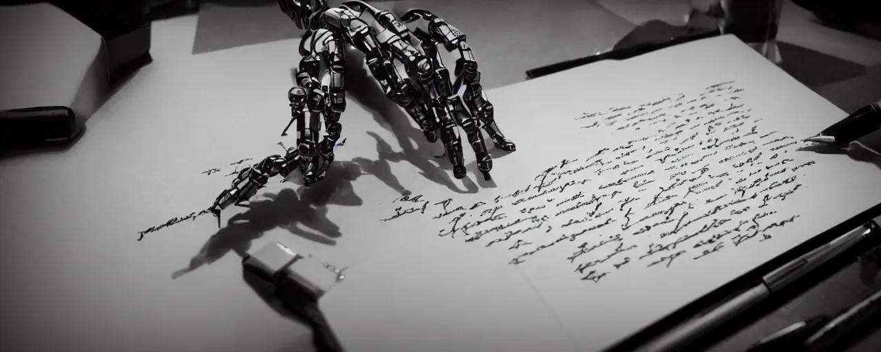 Image similar to a closeup of a robot hand writing a letter, intricate, cinematic lighting, highly detailed, digital painting, artstation, concept art, smooth, sharp focus, illustration