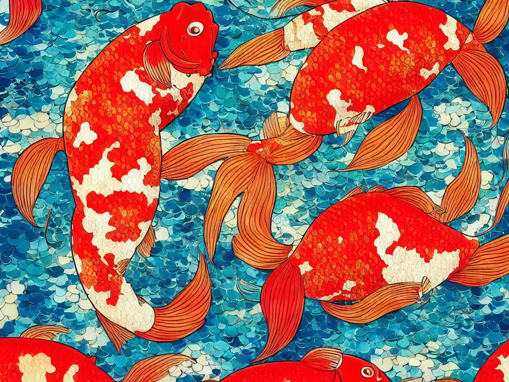 Prompt: colorful koi carp collage illustration, digital painting, highly detailed, intricate, elegant, artstation, concept art, colorful, beautiful, studio ghibli, aoshima chiho, takashi murakami, manga, cute and adorable