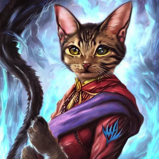 Prompt: a cat mage, Realistic, detailed, magic the gathering art, portrait, fantasy,
