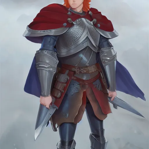 Image similar to portrait of a young redheaded man with blue eyes and wearing armor, medieval background, highly detailed, digital painting, artstation, matte, by makoto shinkai, animation style, studio ghibli, anime key visual