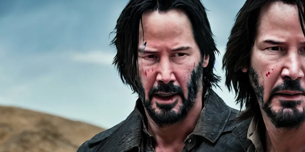 Image similar to old keanu reeves in Logan, cinematic, blood, ultrawide angle