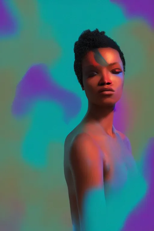 Prompt: insanely moody vaporwave portrait of a gorgeous african beauty, motion blurred background, teal and orange colors, vaporwave, photorealism, cinema still, photography, porcelain skin, smooth, volumetric studio lighting, portrait photography, award winning photography, vray render, insane details, 8 k high definition, artstation