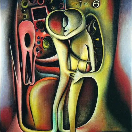 Image similar to Oil painting by Roberto Matta. Strange mechanical beings kissing. Portrait by Yoshitomo Nara.