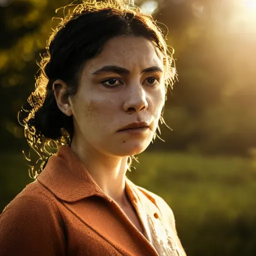Image similar to beautiful close - up shot of angela saraphian as clementine in westwold who looks into the distance, beautiful natural light, golden hour, focus on her face, photorealistic, fujifilm x - pro 2, by annie leibowitz