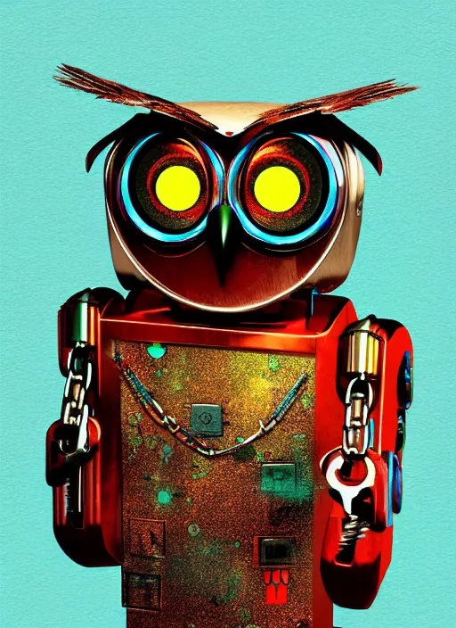 Prompt: colored pencil and pen drawing of an animatronic robot owl, bird made from rusty old keys and padlocks, space background, 8 k photorender realityengine
