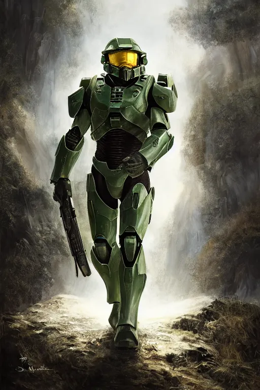 Prompt: master chief playing as asland in narnia, oil on canvas, intricate, portrait, 8 k highly professionally detailed, hdr, cgsociety