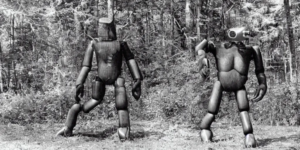 Prompt: : stereopticon photo of bigfoot fighting robot