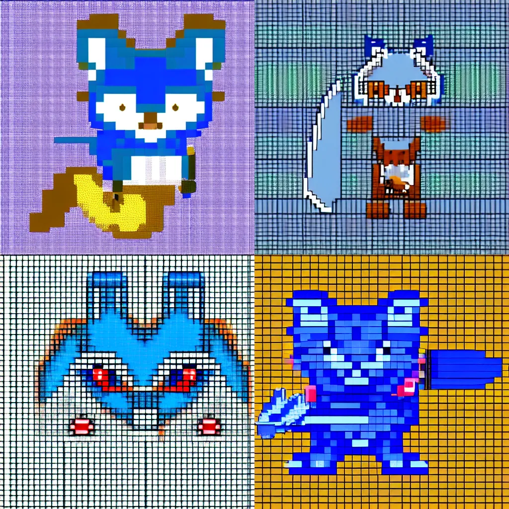 Prompt: a blue fox, super nintendo game sprite pixel art