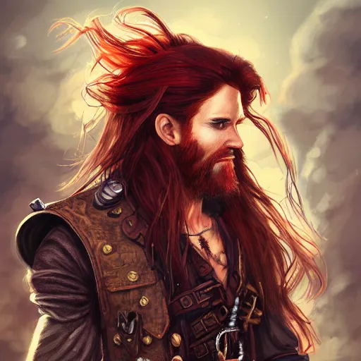 Prompt: rugged playful pirate, 3 0 years old, male, handsome, masculine, red hair, long hair, soft hair, fantasy, intricate, elegant, highly detailed, steampunk, airship, digital painting, artstation, concept art, character art, smooth, sharp focus, illustration, art by artgerm
