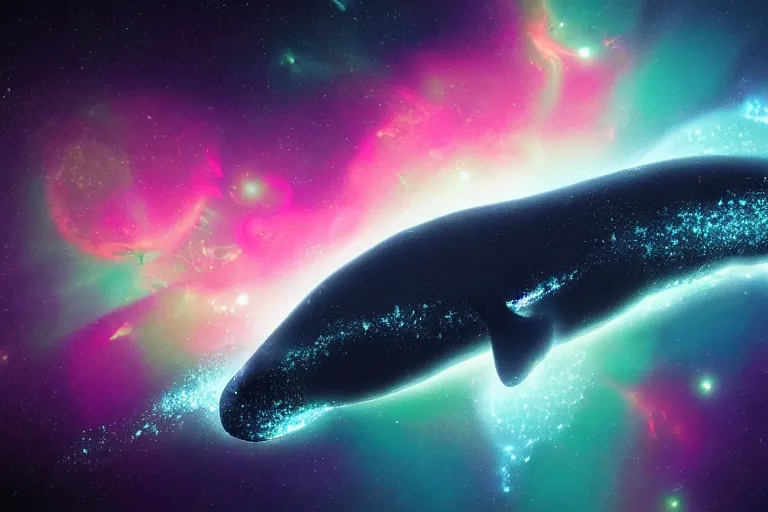 Prompt: a cosmic bioluminescent whale jumping through a space nebula leaving stardust trails behind, digital art, photorealistic