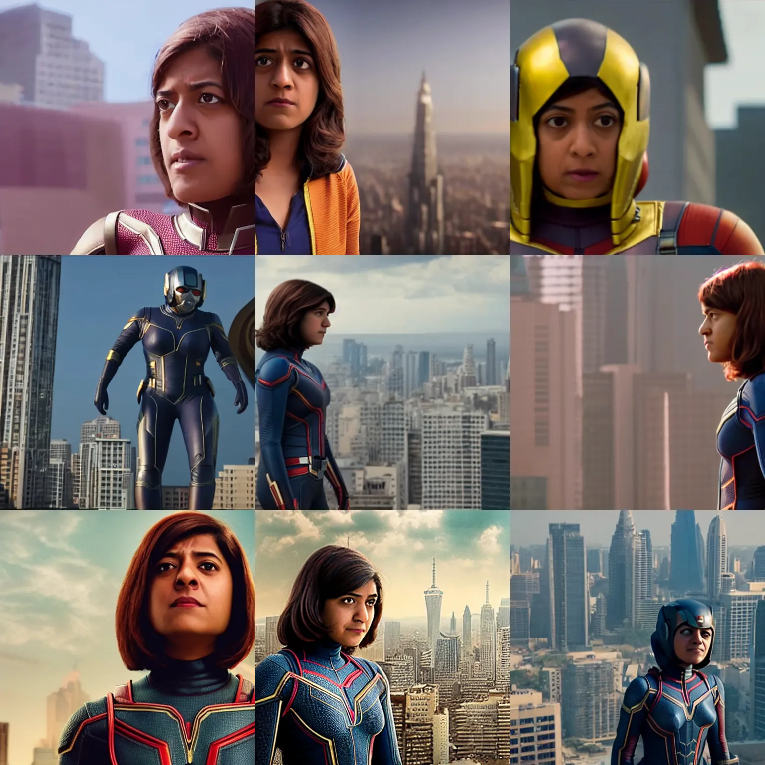 Prompt: Kamala Khan as Giant Man, towering over a city, closeup of head and shoulders, film still from 'Ant-Man and the Wasp'