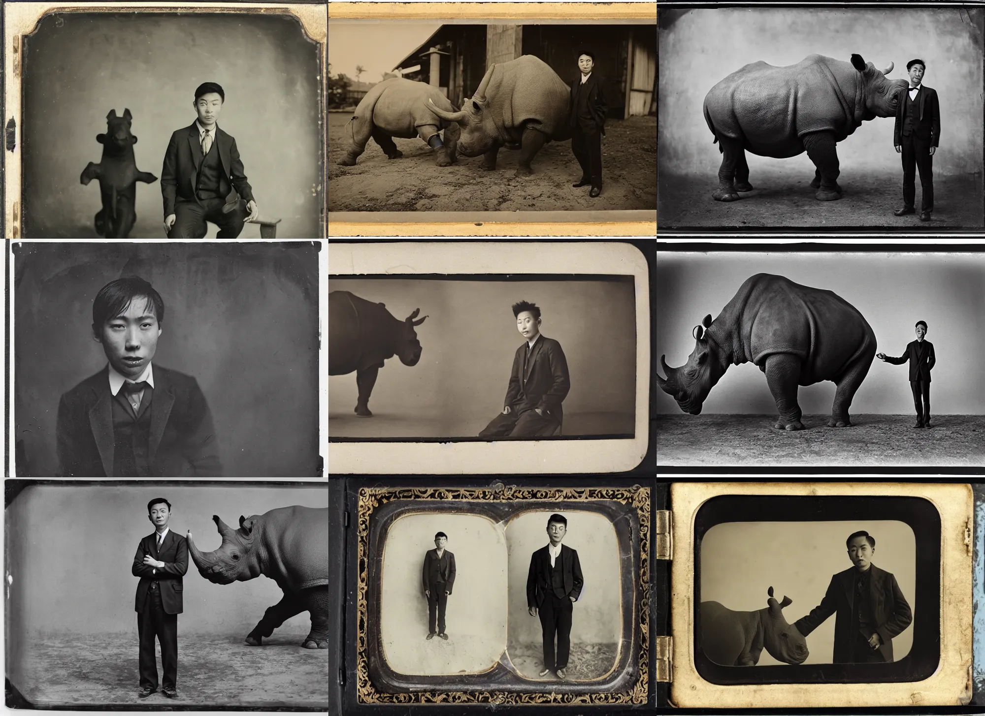 Prompt: wet plate photography, young asian man in black suit, giant rhinoceros in background