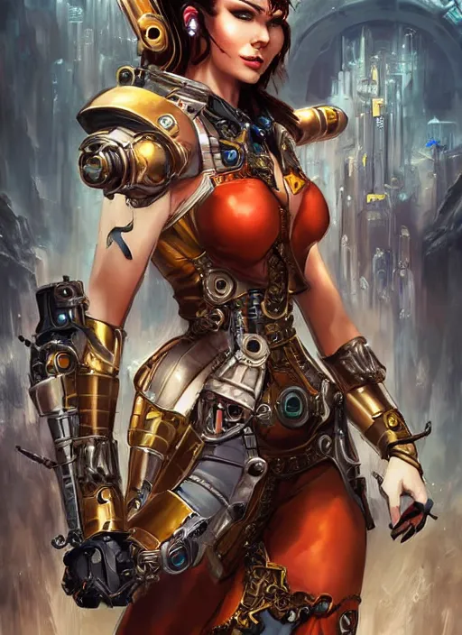 Image similar to front portrait of attractive Lady Mechanika standing while holding futuristic guns that wrap their arms, Intrincate steampunk imagery , D&D!, fantasy style, sharp focus!, ultra detailed, art by Artgerm and Peter Andrew Jones, WLUP