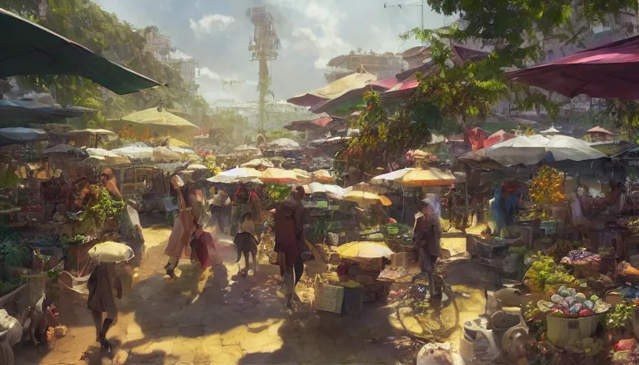 Image similar to craig mullins and ghibli digital illustration of solarpunk farmers market, festival, colorful, unreal engine, hyper realism, realistic shading, cinematic composition, realistic render, octane render, detailed textures, photorealistic, wide shot